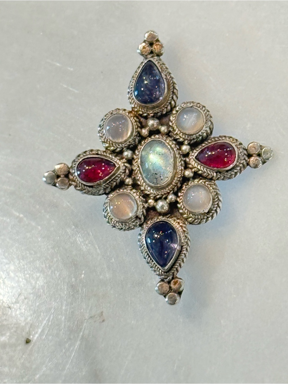 Vintage Rare Sterling Silver Multi-Gemstone Star Pendant/Pin - Red, White & Blue - Picture 2 of 8